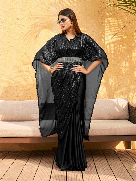 Dhiyona TI Women's Black Designer Sequinned Kaftan Pre Drapped Saree & Belt with Unstitched Blouse