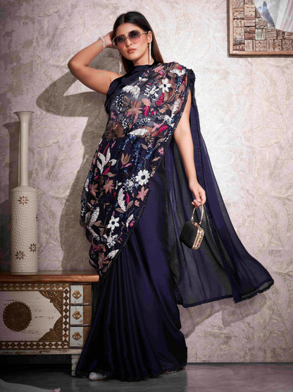 Dhiyona TI Women's Navy Blue Designer Sequined Work Saree with Heavy Embroidery with Unstitched Blouse