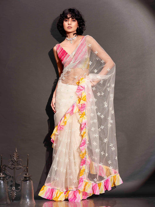 Dhiyona TI Women's Off White Net Saree Faux Mirror Embroidery & Lehariya Frill with Unstitched Blouse