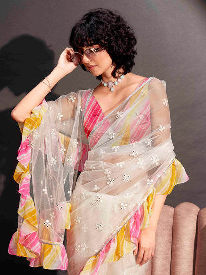 Dhiyona TI Women's Off White Net Saree Faux Mirror Embroidery & Lehariya Frill with Unstitched Blouse