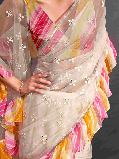 Dhiyona TI Women's Off White Net Saree Faux Mirror Embroidery & Lehariya Frill with Unstitched Blouse