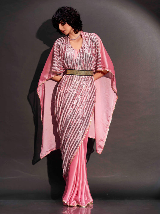 Dhiyona TI Women's Pink Designer Sequinned Kaftan Saree & Belt with Unstitched Blouse