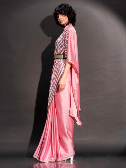 Dhiyona TI Women's Pink Designer Sequinned Kaftan Saree & Belt with Unstitched Blouse