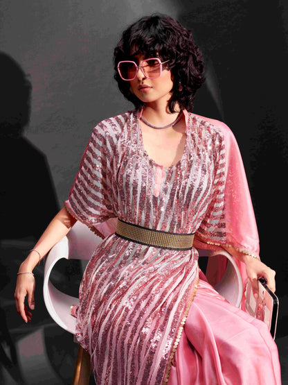 Dhiyona TI Women's Pink Designer Sequinned Kaftan Saree & Belt with Unstitched Blouse