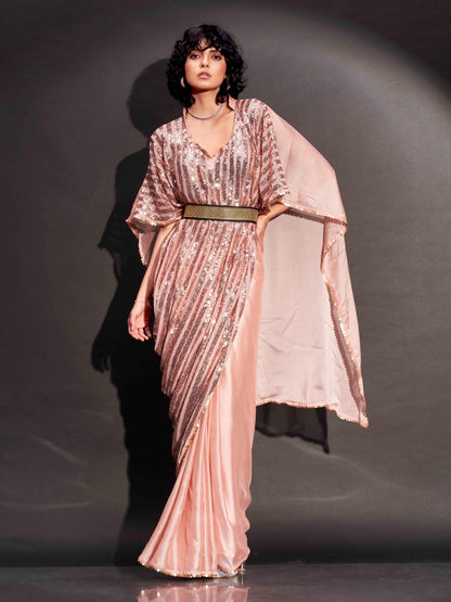 Dhiyona TI Women's Peach Designer Sequinned Kaftan Saree & Belt with Unstitched Blouse