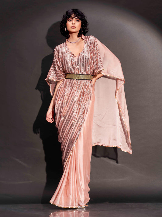 Dhiyona TI Women's Peach Designer Sequinned Kaftan Saree & Belt with Unstitched Blouse