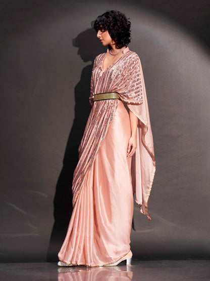 Dhiyona TI Women's Peach Designer Sequinned Kaftan Saree & Belt with Unstitched Blouse
