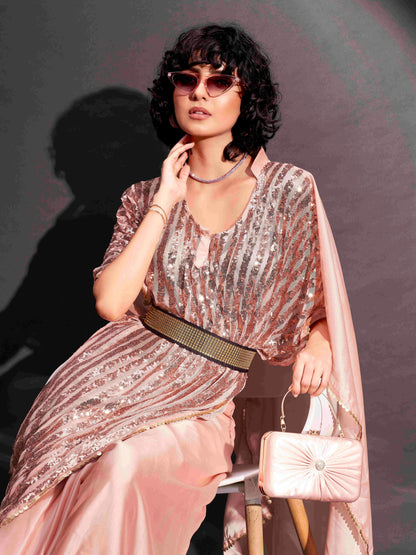 Dhiyona TI Women's Peach Designer Sequinned Kaftan Saree & Belt with Unstitched Blouse