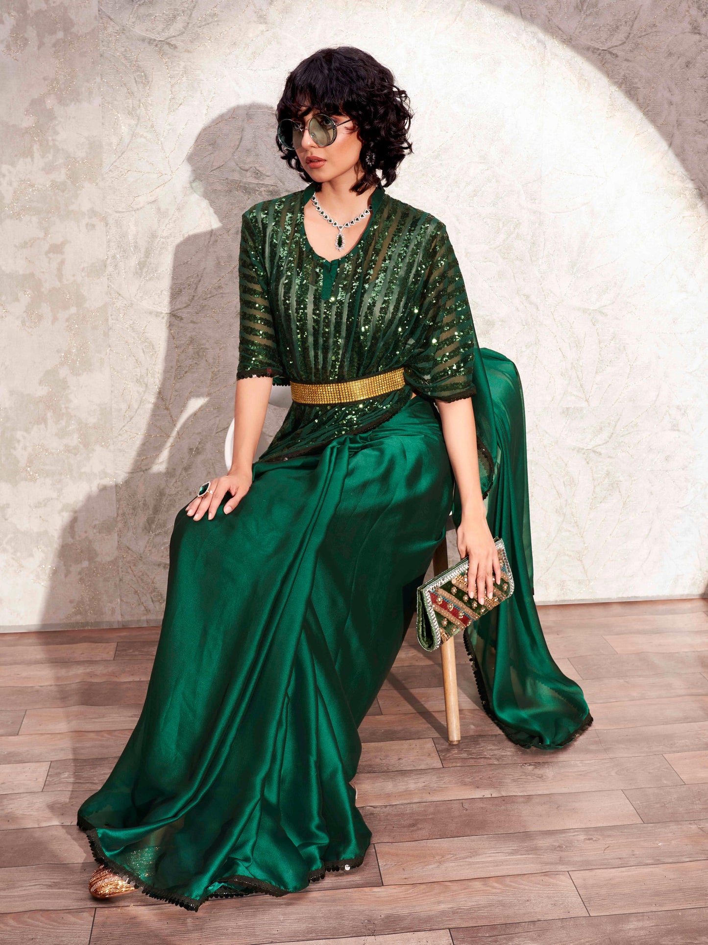 Dhiyona TI Women's Green Designer Sequinned Kaftan Saree & Belt with Unstitched Blouse