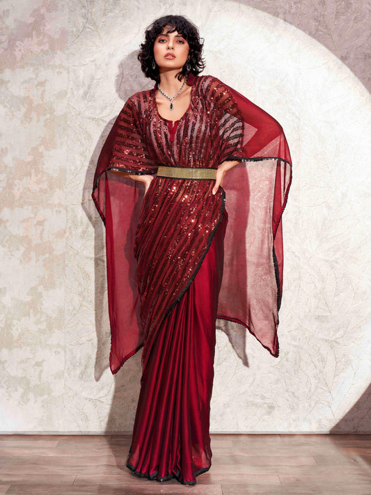 Dhiyona TI Women's Maroon Designer Sequinned Kaftan Saree & Belt with Unstitched Blouse