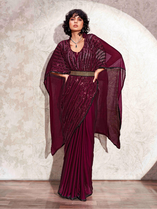 Dhiyona TI Women's Wine Designer Sequinned Kaftan Saree & Belt with Unstitched Blouse