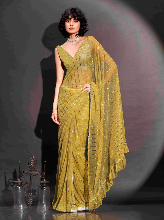 Dhiyona TI Women's Yellow Lycra Foil Saree Embellished & Tassels with Unstitched Blouse