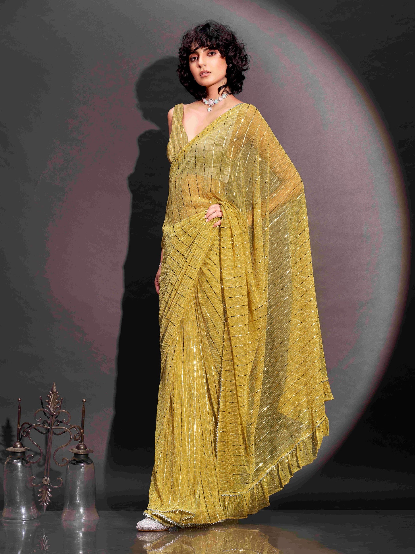 Dhiyona TI Women's Yellow Lycra Foil Saree Embellished & Tassels with Unstitched Blouse