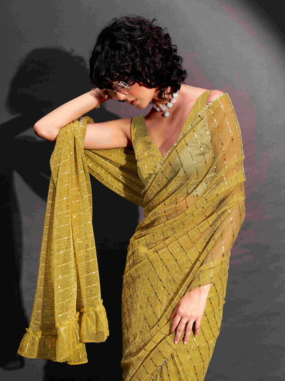 Dhiyona TI Women's Yellow Lycra Foil Saree Embellished & Tassels with Unstitched Blouse