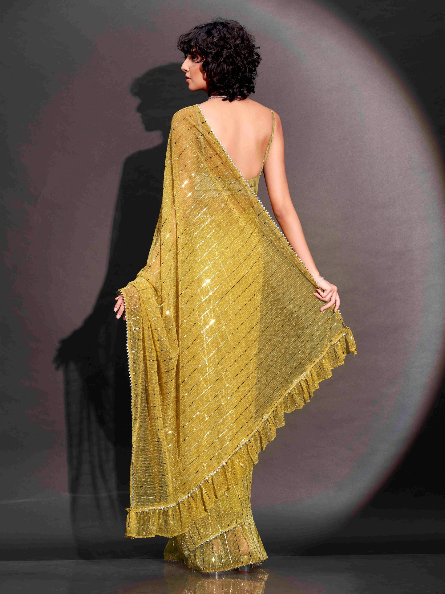Dhiyona TI Women's Yellow Lycra Foil Saree Embellished & Tassels with Unstitched Blouse