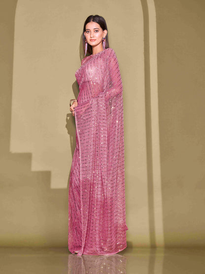 Dhiyona TI Women's Pink Lycra Foil Saree Embellished with Unstitched Blouse