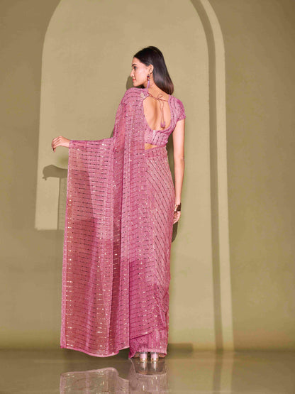 Dhiyona TI Women's Pink Lycra Foil Saree Embellished with Unstitched Blouse