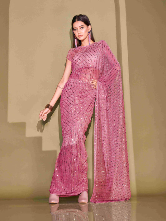 Dhiyona TI Women's Pink Lycra Foil Saree Embellished with Unstitched Blouse