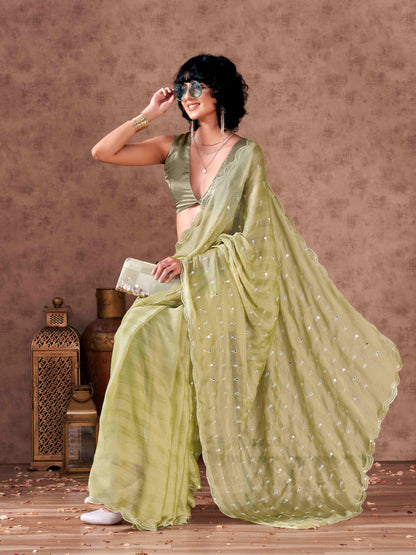 Dhiyona TI Women's Pista Chiffon Mirror Embroidery on Pallu & Scalloped Border Saree with Unstitched Blouse