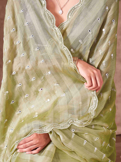Dhiyona TI Women's Pista Chiffon Mirror Embroidery on Pallu & Scalloped Border Saree with Unstitched Blouse