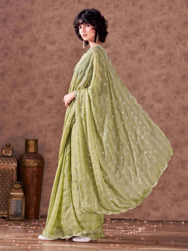 Dhiyona TI Women's Pista Chiffon Mirror Embroidery on Pallu & Scalloped Border Saree with Unstitched Blouse