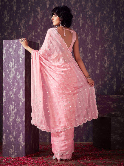Dhiyona TI Women's Peach Chiffon Mirror Embroidery on Pallu & Scalloped Border Saree with Unstitched Blouse