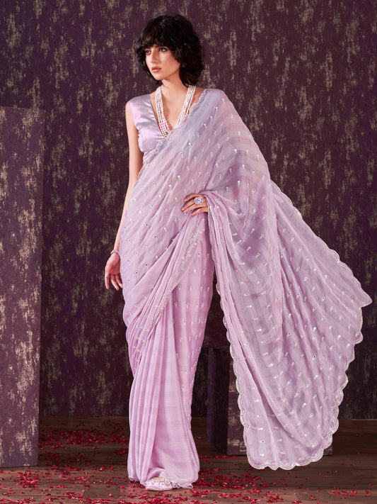 Dhiyona TI Women's Lavender Mirror Embroidery on Pallu & Scalloped Border Saree with Unstitched Blouse
