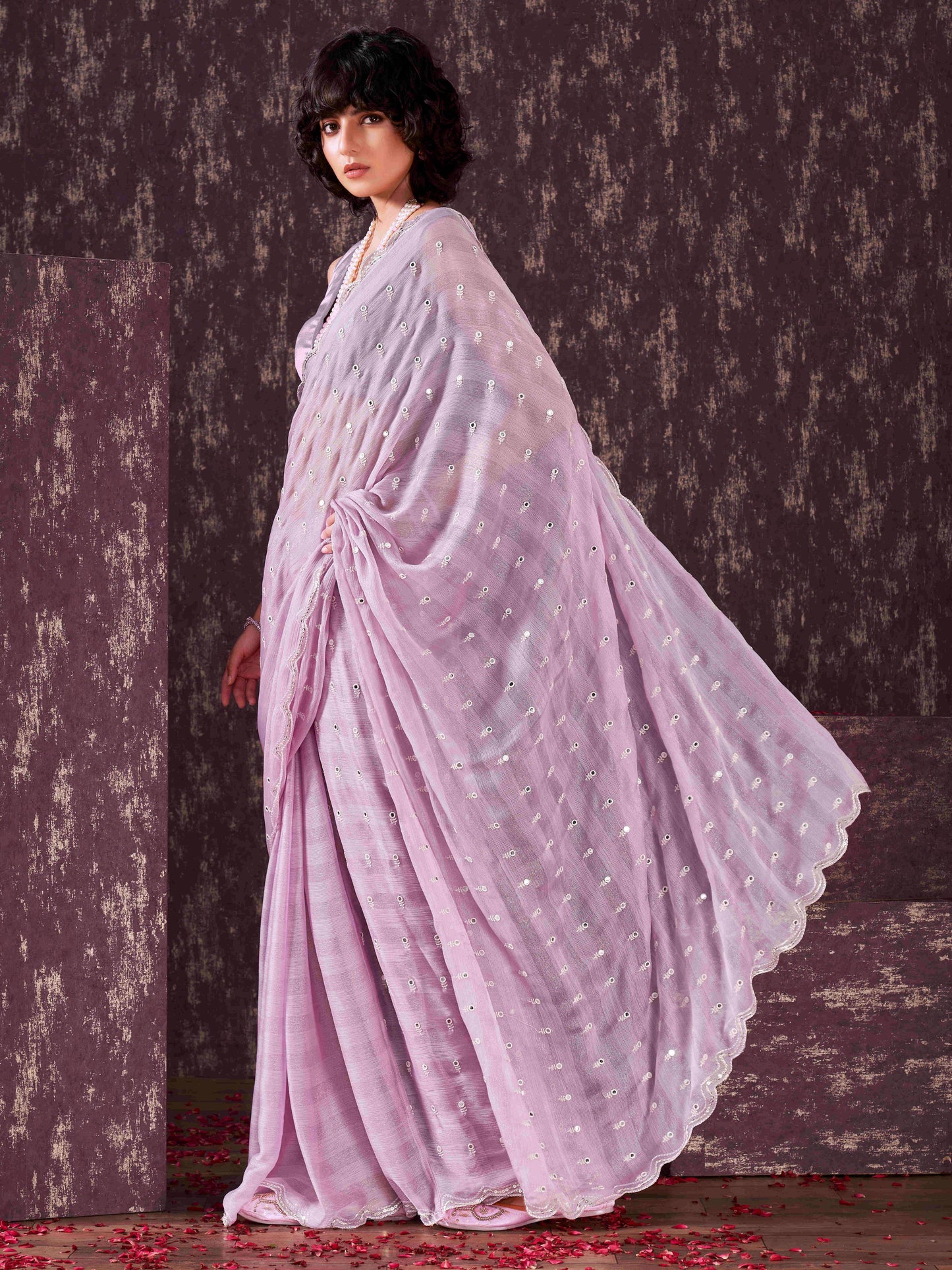 Dhiyona TI Women's Lavender Mirror Embroidery on Pallu & Scalloped Border Saree with Unstitched Blouse