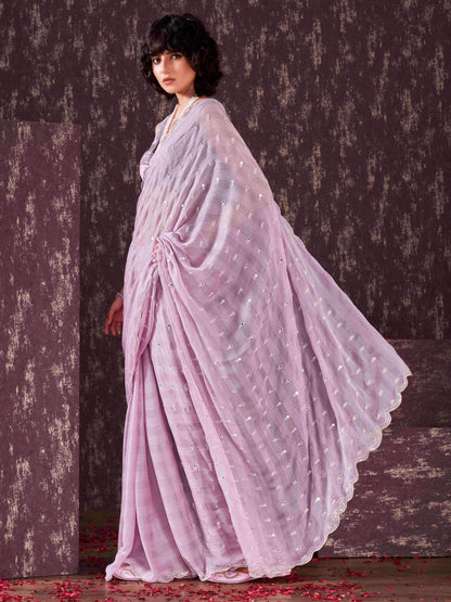 Dhiyona TI Women's Lavender Mirror Embroidery on Pallu & Scalloped Border Saree with Unstitched Blouse