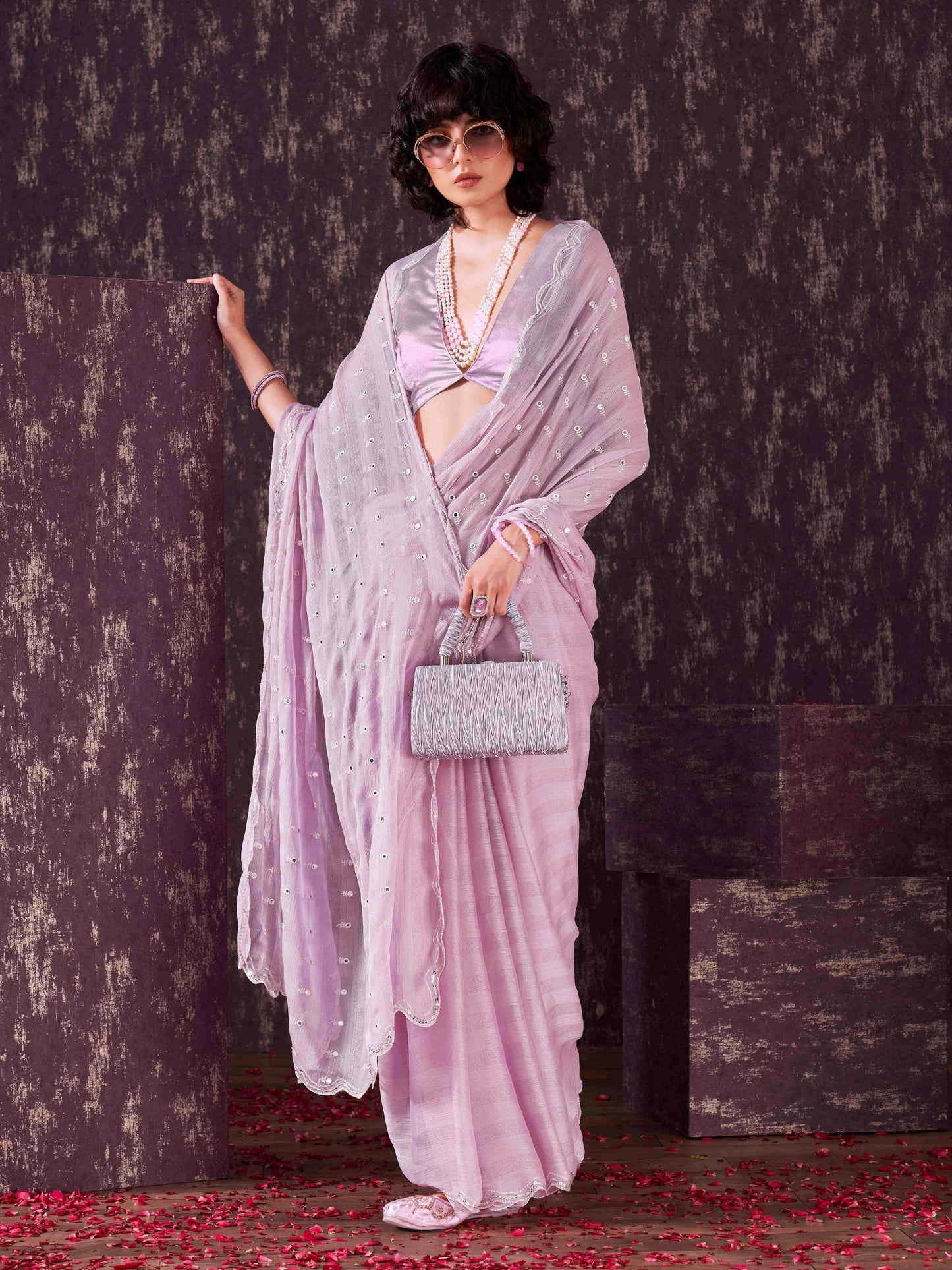Dhiyona TI Women's Lavender Mirror Embroidery on Pallu & Scalloped Border Saree with Unstitched Blouse