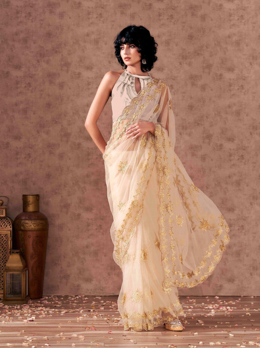 Dhiyona TI Women's Cream Net Embroidered Thread Work Saree with Unstitched Blouse
