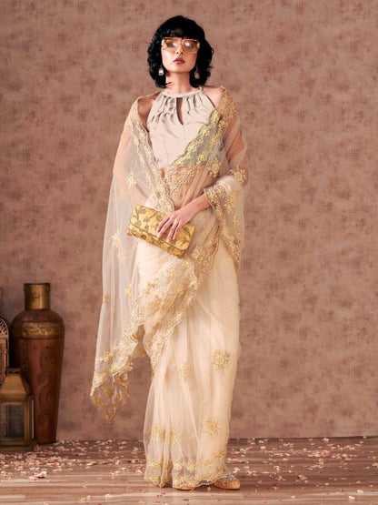 Dhiyona TI Women's Cream Net Embroidered Thread Work Saree with Unstitched Blouse