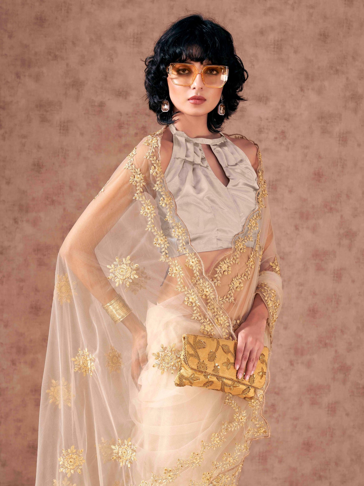 Dhiyona TI Women's Cream Net Embroidered Thread Work Saree with Unstitched Blouse