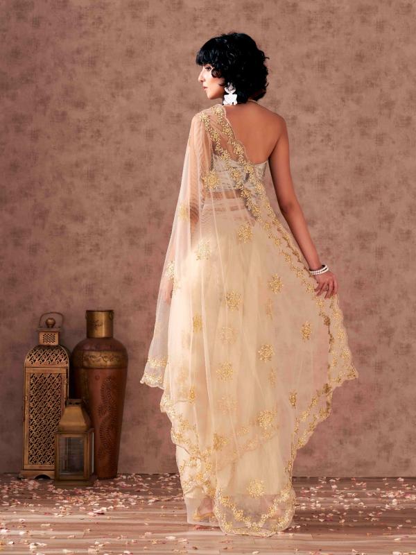 Dhiyona TI Women's Cream Net Embroidered Thread Work Saree with Unstitched Blouse