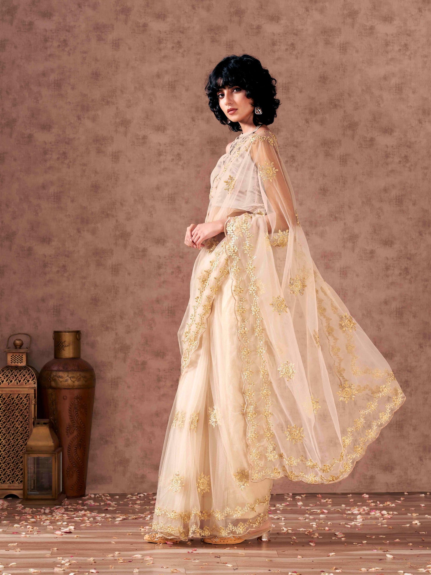 Dhiyona TI Women's Cream Net Embroidered Thread Work Saree with Unstitched Blouse