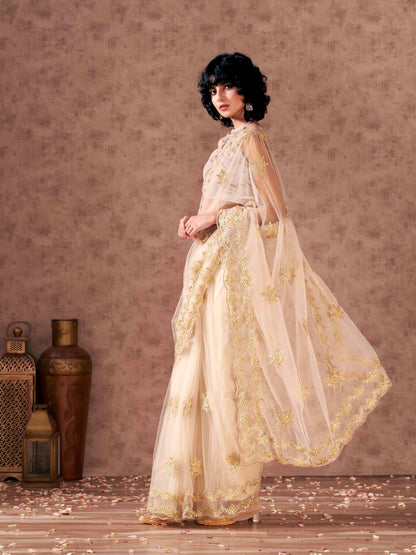 Dhiyona TI Women's Cream Net Embroidered Thread Work Saree with Unstitched Blouse