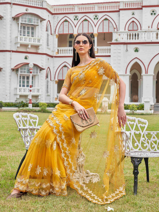 Dhiyona TI Women's Mustard Net Embroidered Thread Work Saree with Unstitched Blouse