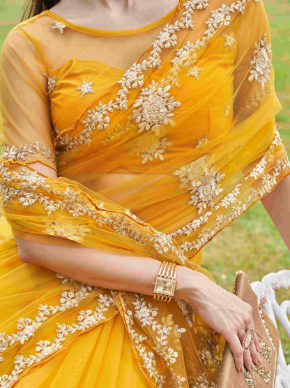 Dhiyona TI Women's Mustard Net Embroidered Thread Work Saree with Unstitched Blouse