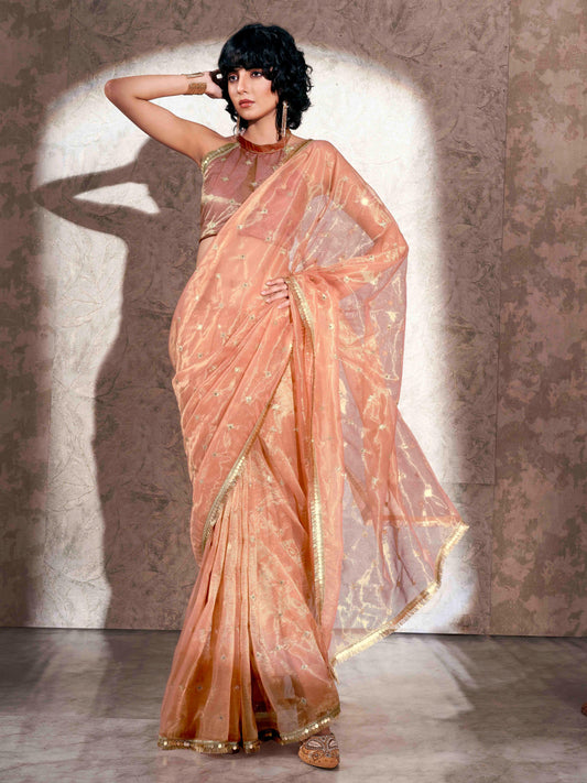 Dhiyona TI Women's Peach Shimmer Net Sequined Embroidered Saree with Unstitched Blouse
