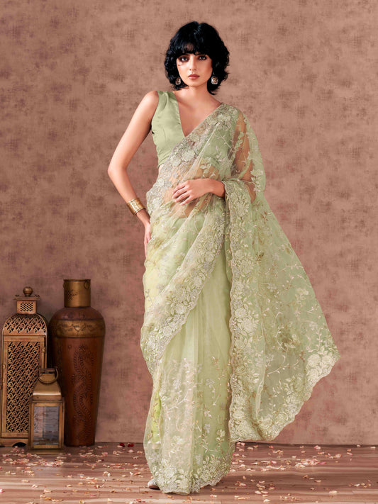 Dhiyona TI Women's Green Floral Embroidered Net Saree with Unstitched Blouse
