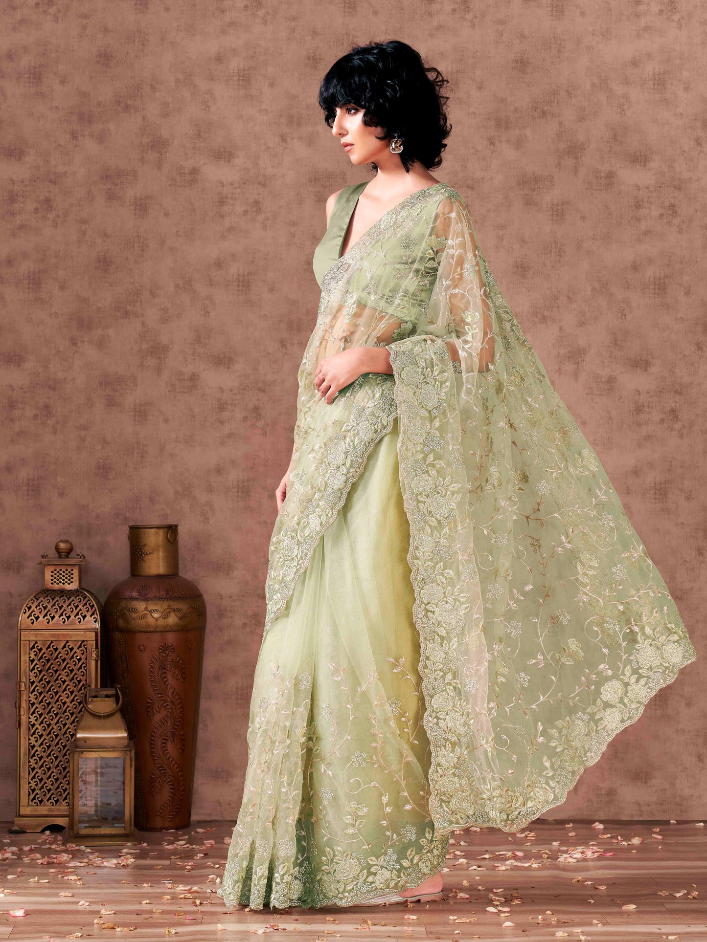Dhiyona TI Women's Green Floral Embroidered Net Saree with Unstitched Blouse