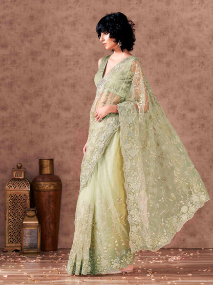 Dhiyona TI Women's Green Floral Embroidered Net Saree with Unstitched Blouse