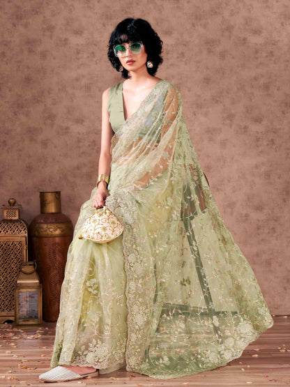 Dhiyona TI Women's Green Floral Embroidered Net Saree with Unstitched Blouse