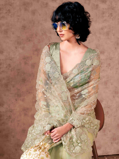 Dhiyona TI Women's Green Floral Embroidered Net Saree with Unstitched Blouse