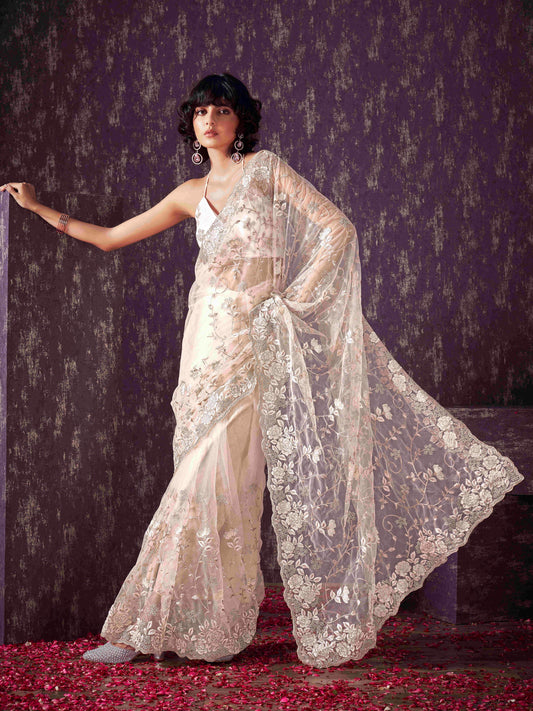 Dhiyona TI Women's Off White Floral Embroidered Net Saree with Unstitched Blouse