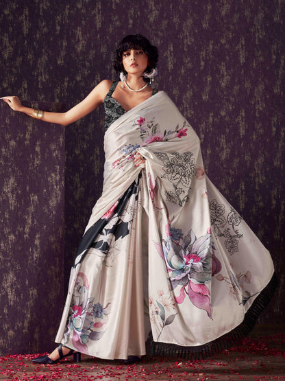 Dhiyona TI Women's Two Ways Wearable Black Digital Print Saree With Unstitched Blouse