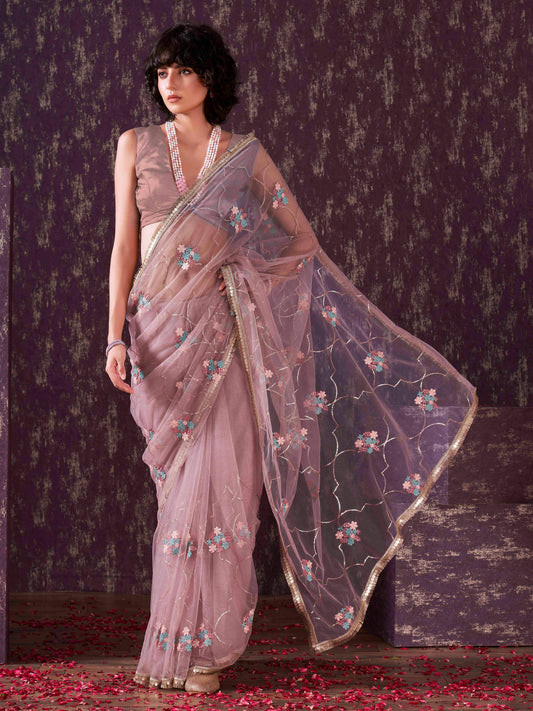 Dhiyona TI Women's Rose Pink Sequined Embroidered Net Saree with Unstitched Blouse