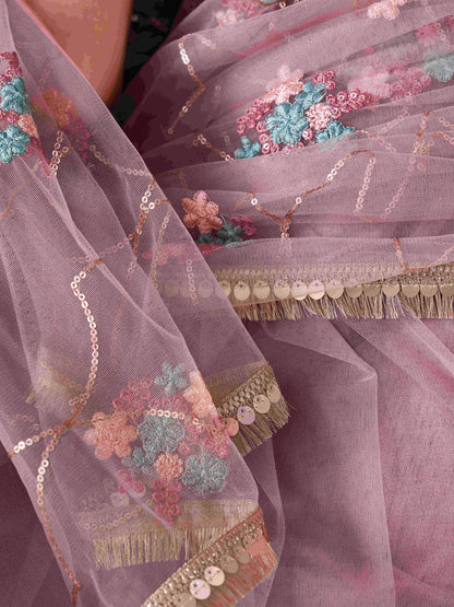 Dhiyona TI Women's Rose Pink Sequined Embroidered Net Saree with Unstitched Blouse