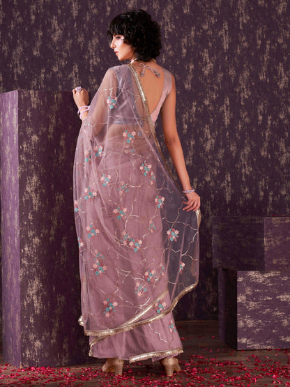 Dhiyona TI Women's Rose Pink Sequined Embroidered Net Saree with Unstitched Blouse