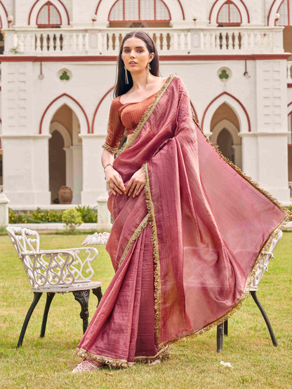 Dhiyona TI Women's Pink Colored Crushed Organza Saree With Unstitched Blouse